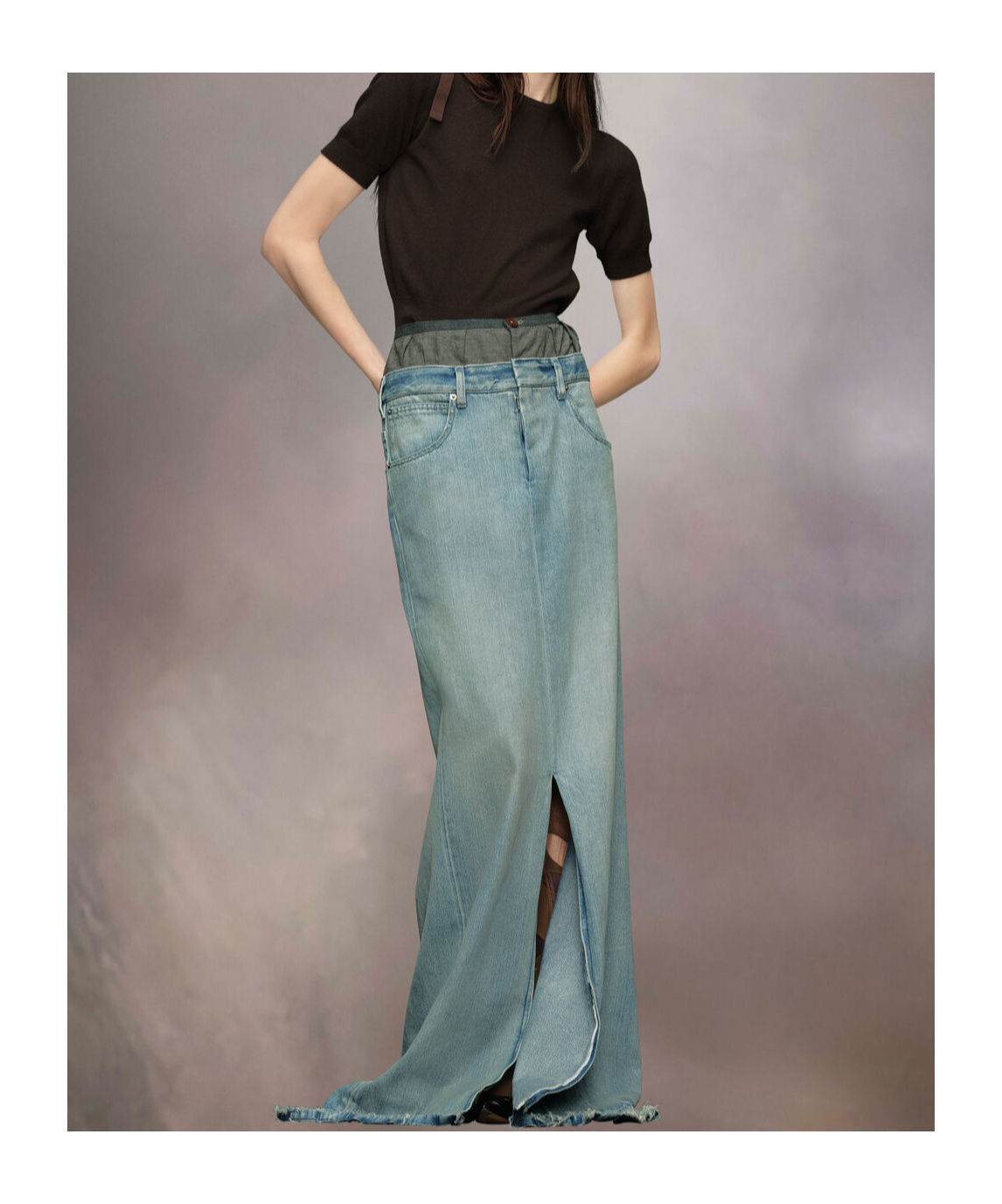 Maison Margiela Light Blue Long Skirt With Front Slit And Five Pocket Design In Denim Woman In Gray