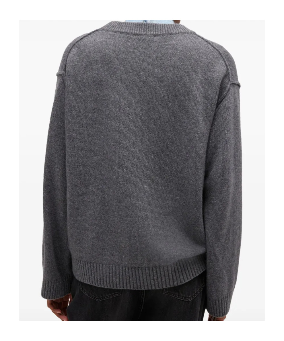 Ganni V-neck Logo Sweater In Gray