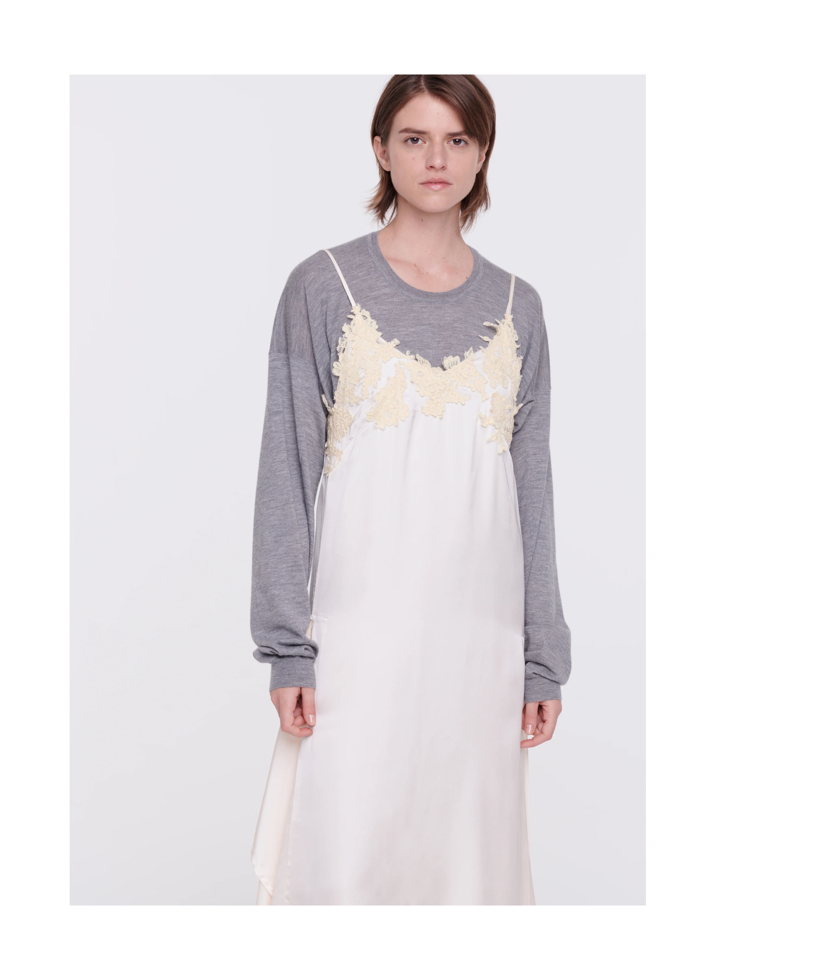 Plan C Floral-lace Satin Slip Dress In White