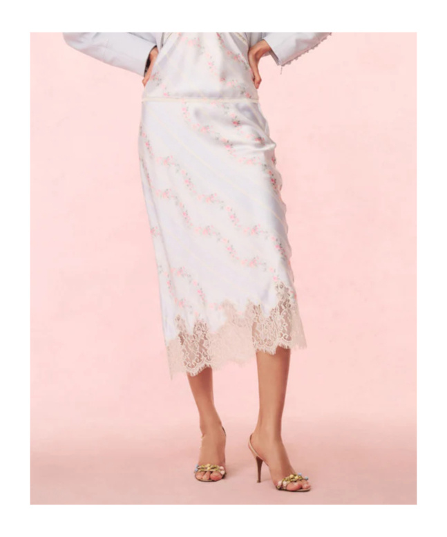 LOVESHACKFANCY FORAL-PRINT SATIN MIDI SKIRT