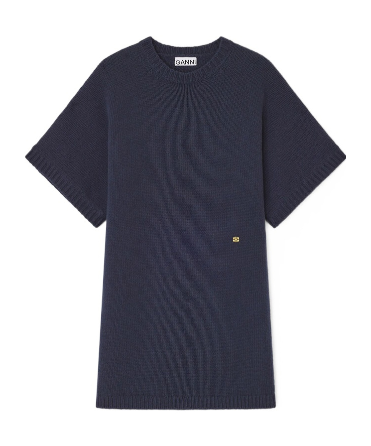 Ganni Dark Blue Wool Mix Dress In Blue