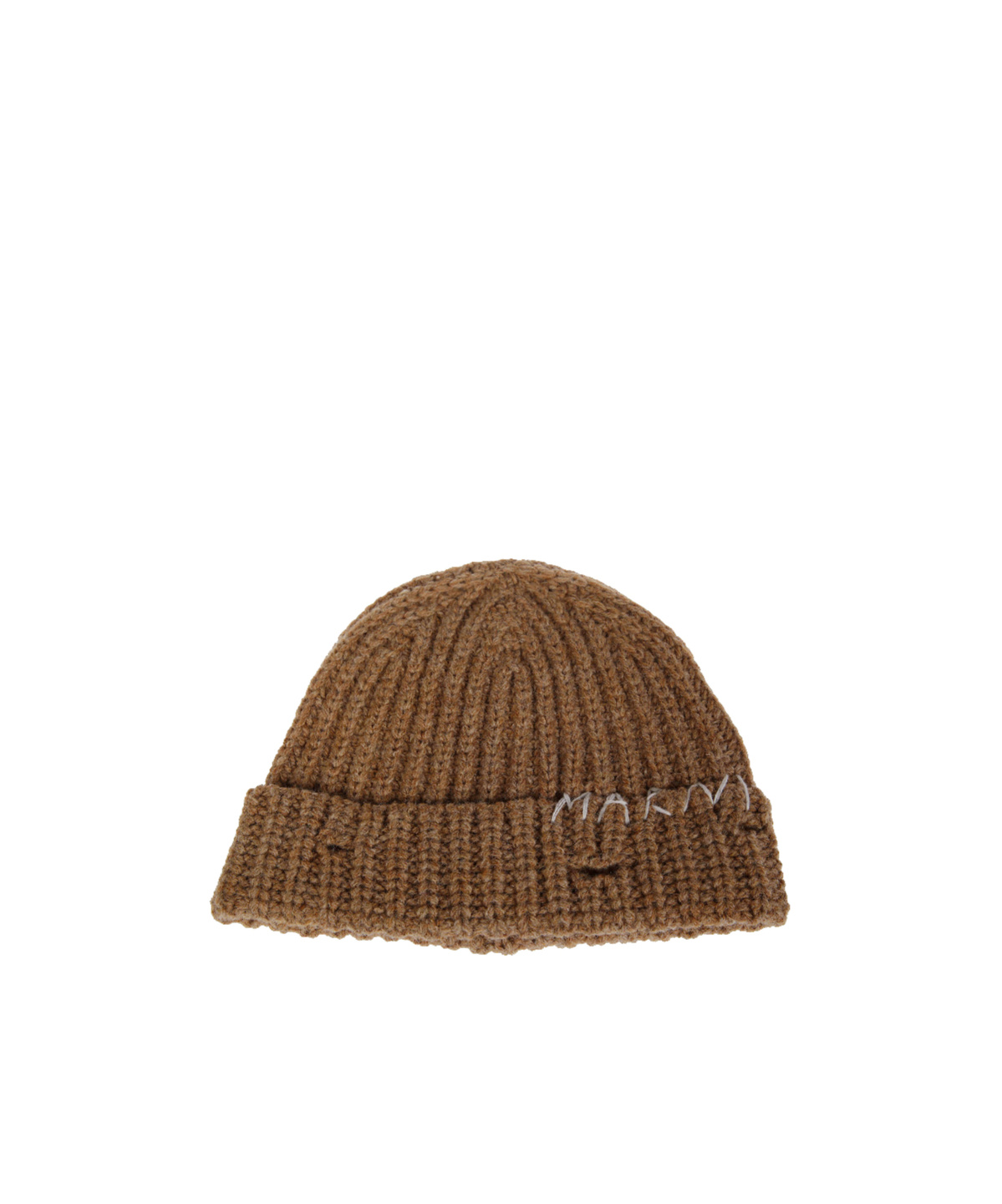Marni Hazelnut Knit Hand-stitched Logo Beanie In Brown