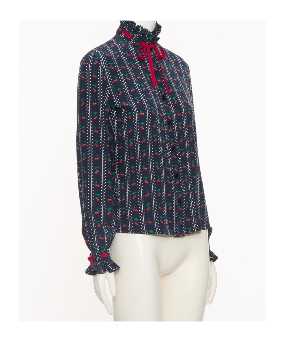 Valentino Cherry Polka-dot Striped Crepe De Chine Shirt In Black