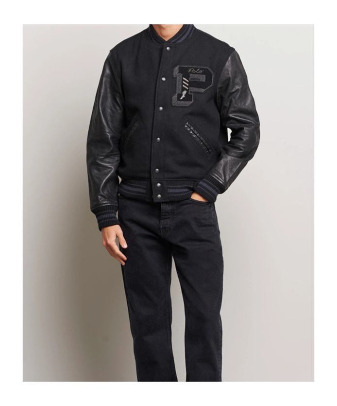 Polo Ralph Lauren Ribbed Collar Bomber Jacket With Leather Sleeves In Black