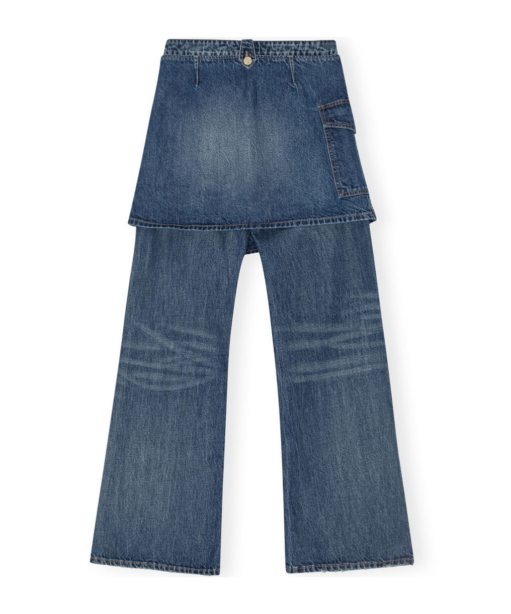 Ganni Dark Blue Heavy Washed Flared Skirt Jeans In Blue