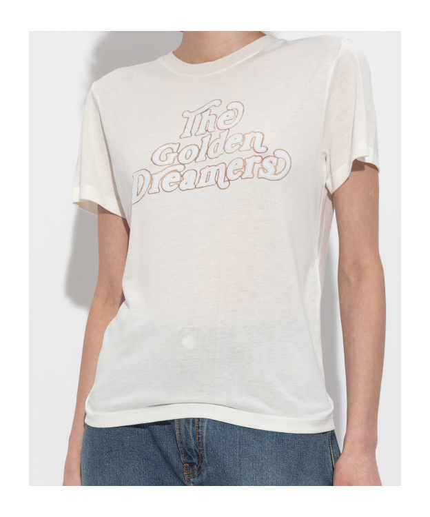 Golden Goose Viscose Blend T-shirt With Ribbed Crew Neck And Front Print In White