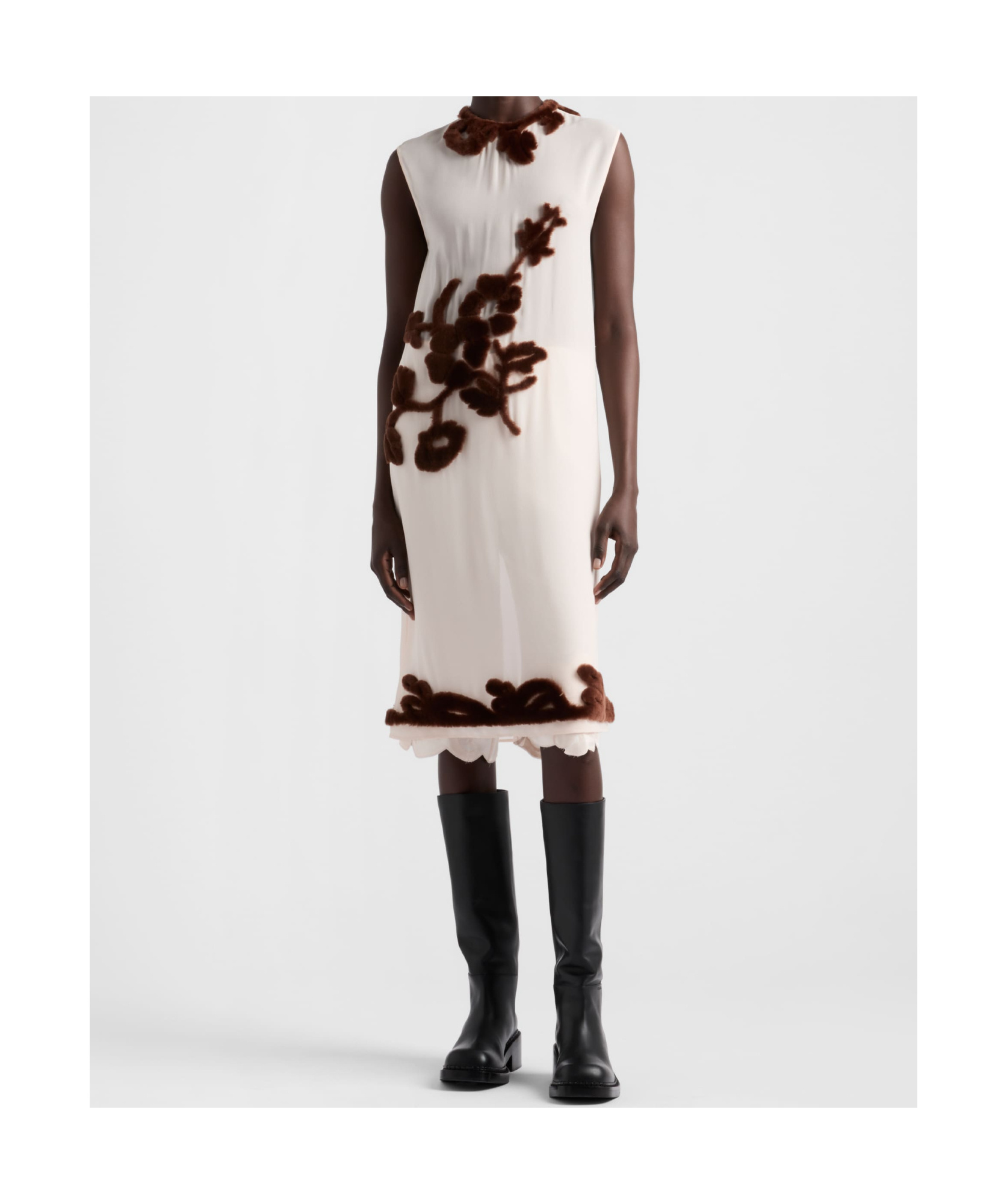 Prada Georgette Dress With Floral Appliqué And Tie Waist In Brown