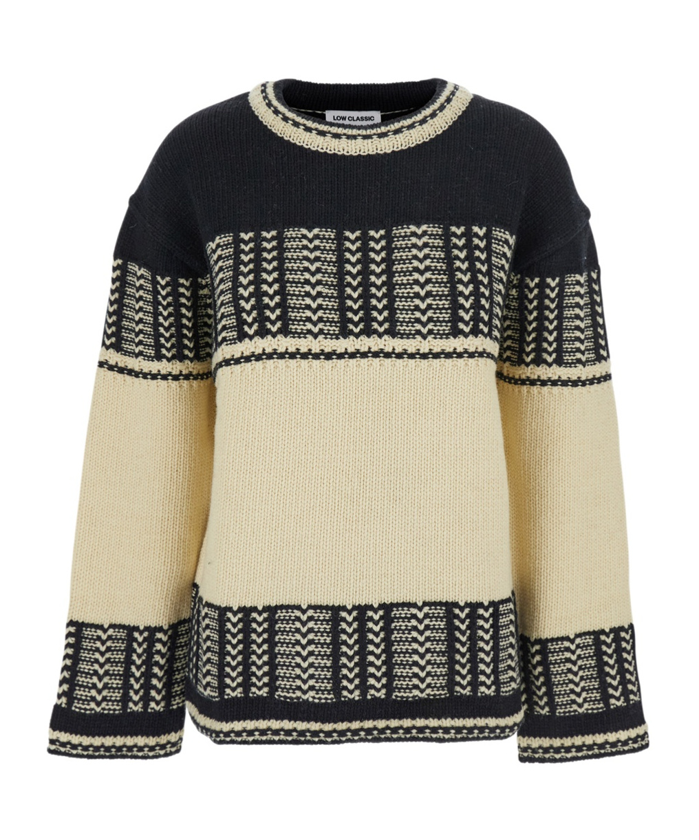 Low Classic Black And White Crew Neck Sweaterwith All-over Intarsia In Wool Woman In Multi