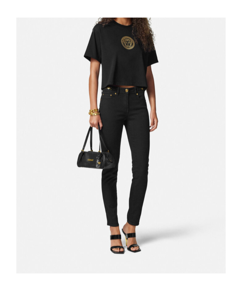 Versace Tag Bowling Black Shoulder Bag With Metallic Logo Lettering And Medusa Head Pendant In Leather Woman In Black