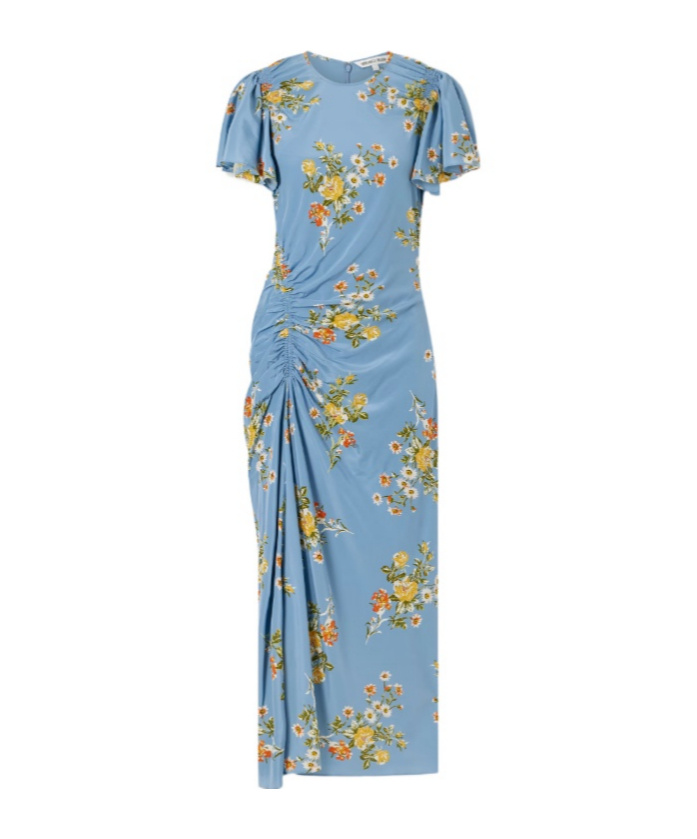 Veronica Beard Gathered Floral-print Silk-blend Satin Midi Dress In Blue