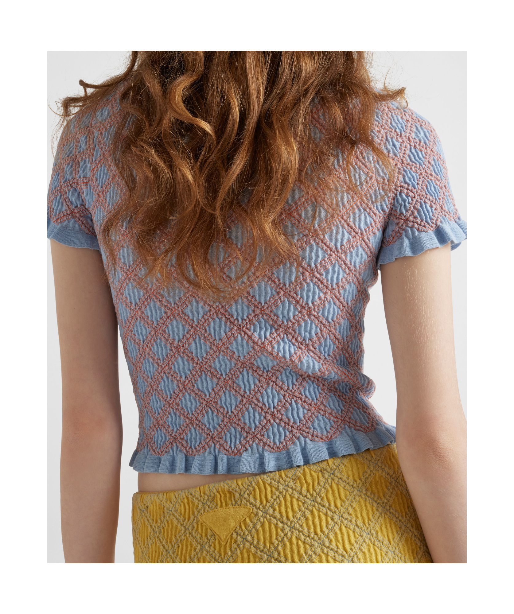 Prada Smocked Knit Diamond-embroidered Top In Blue