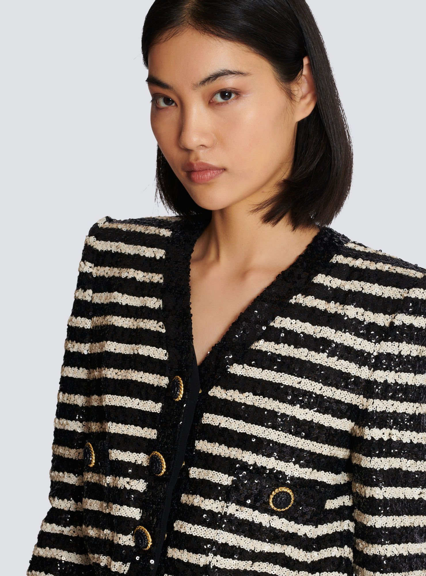 Shop Balmain Striped Sequinned Jacket In Black