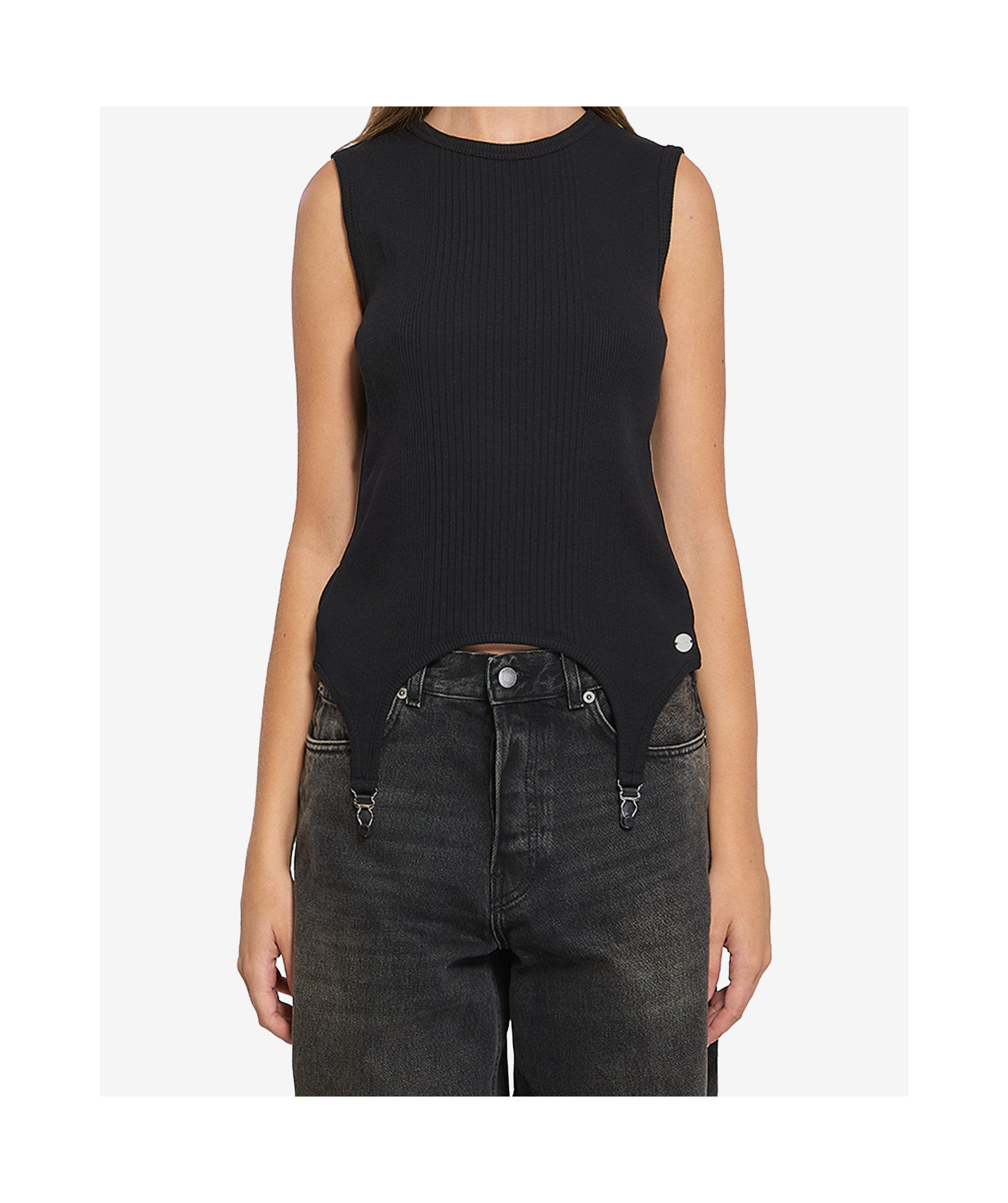 Jean Paul Gaultier Cotton Ribbed Tank Top With Lingerie Garter Clothing In Black
