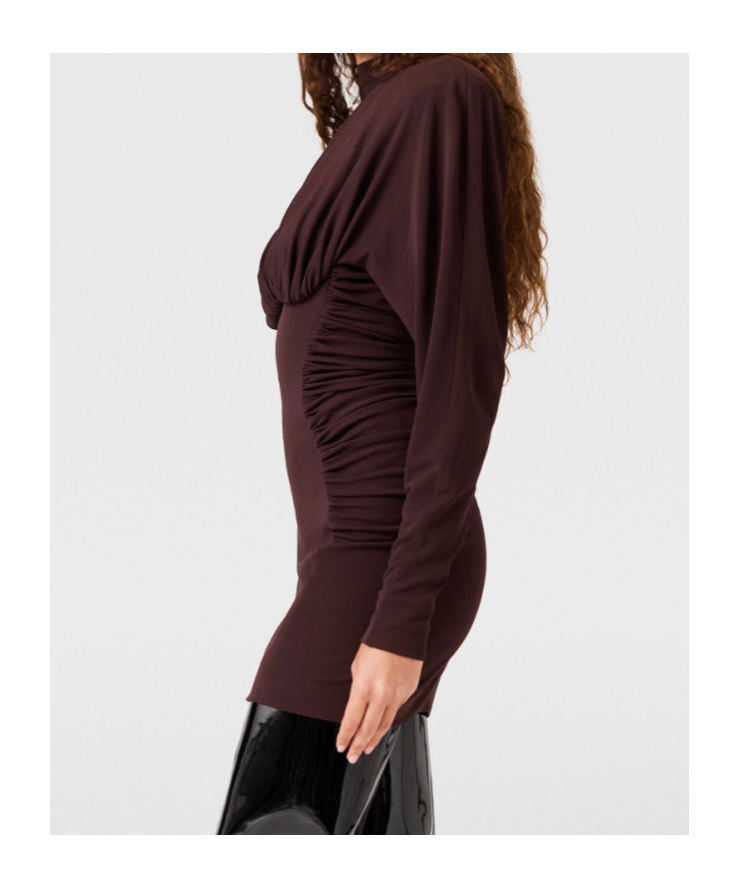 Stella Mccartney Pleated Long Sleeve Crepe Jersey Minidress In Brown
