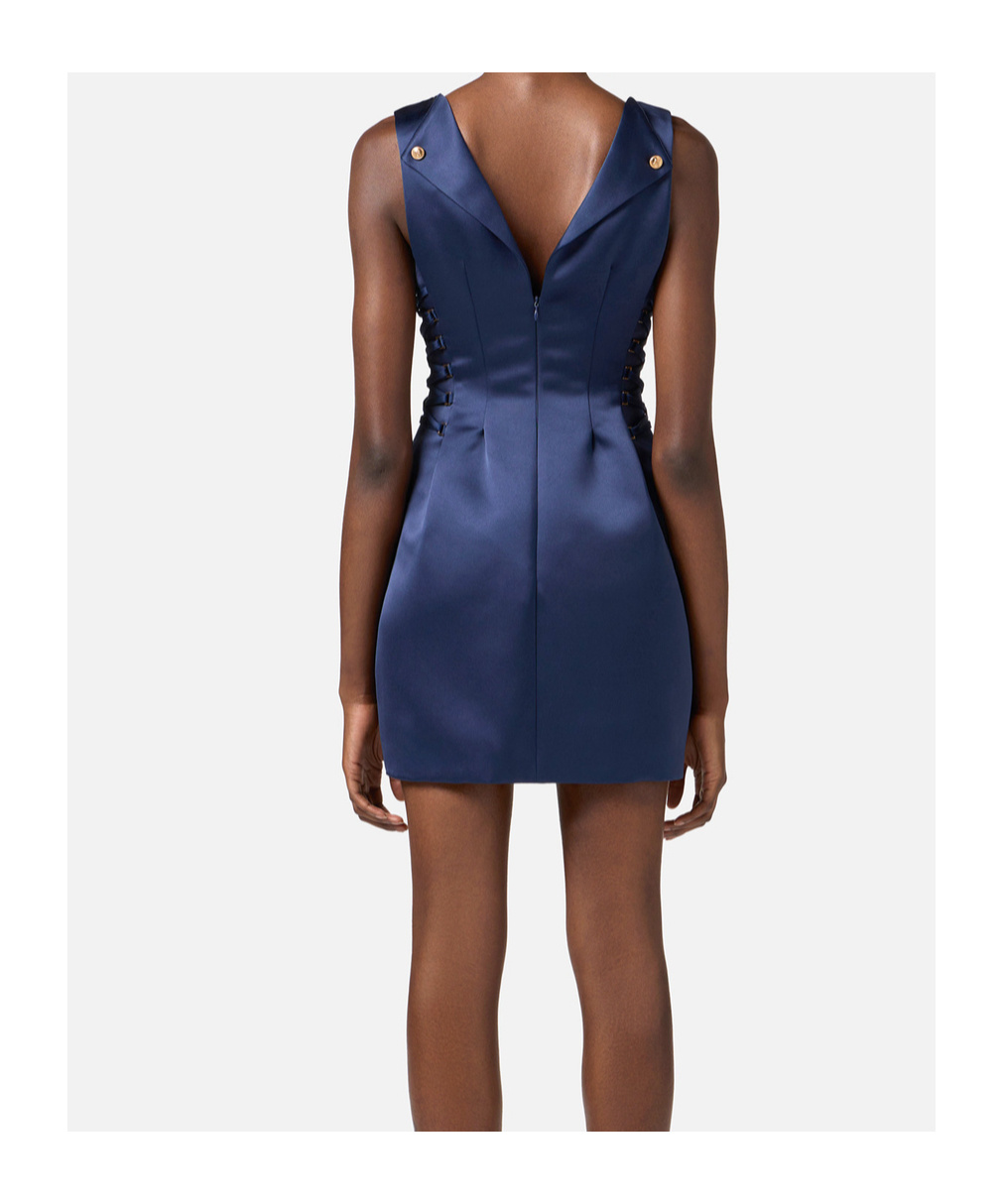 Elisabetta Franchi Duchess Dress With Boat Neckline And Laces In Blue