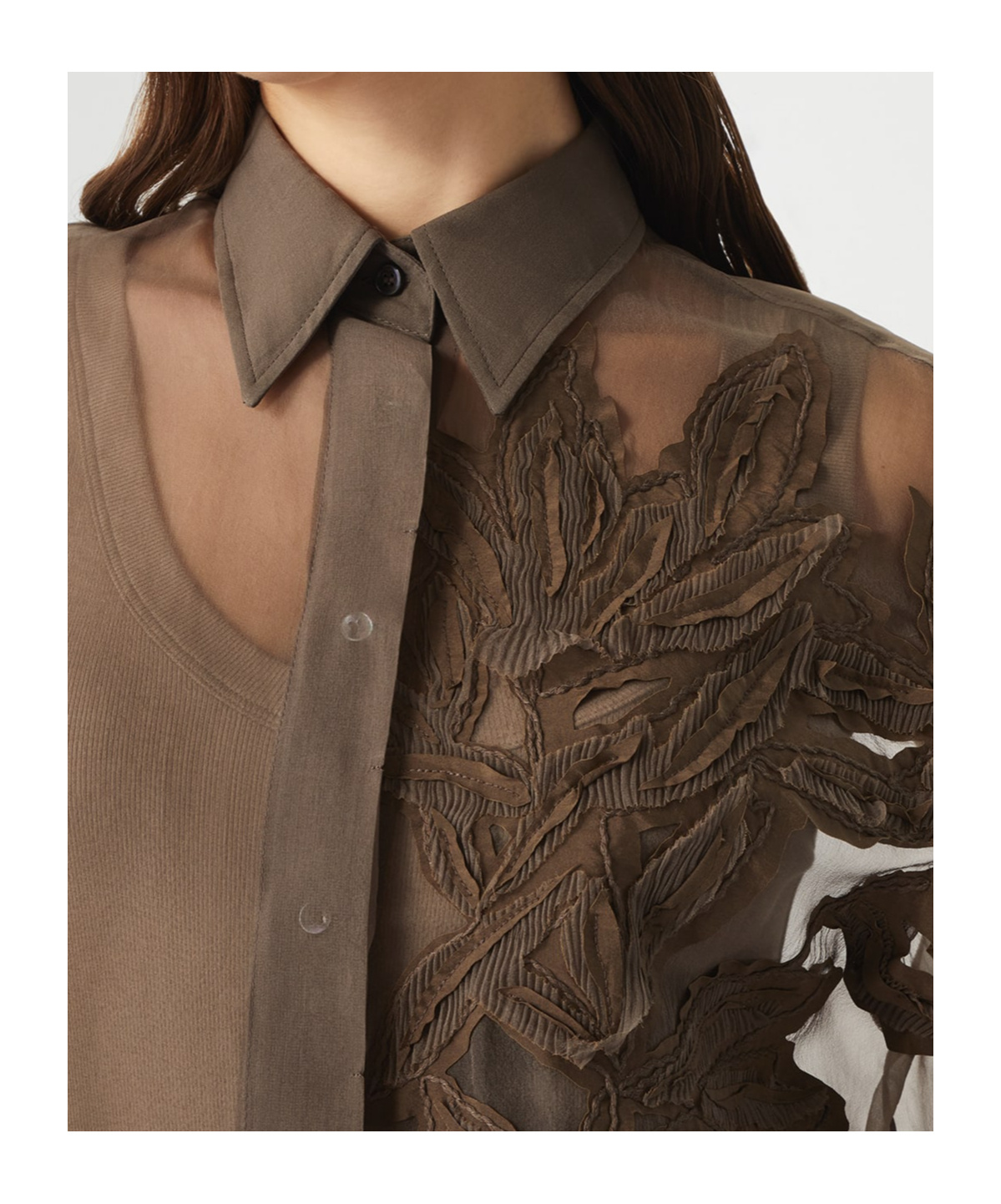Brunello Cucinelli Laser Cut Crispy Silk Chiffon Blouse In Brown