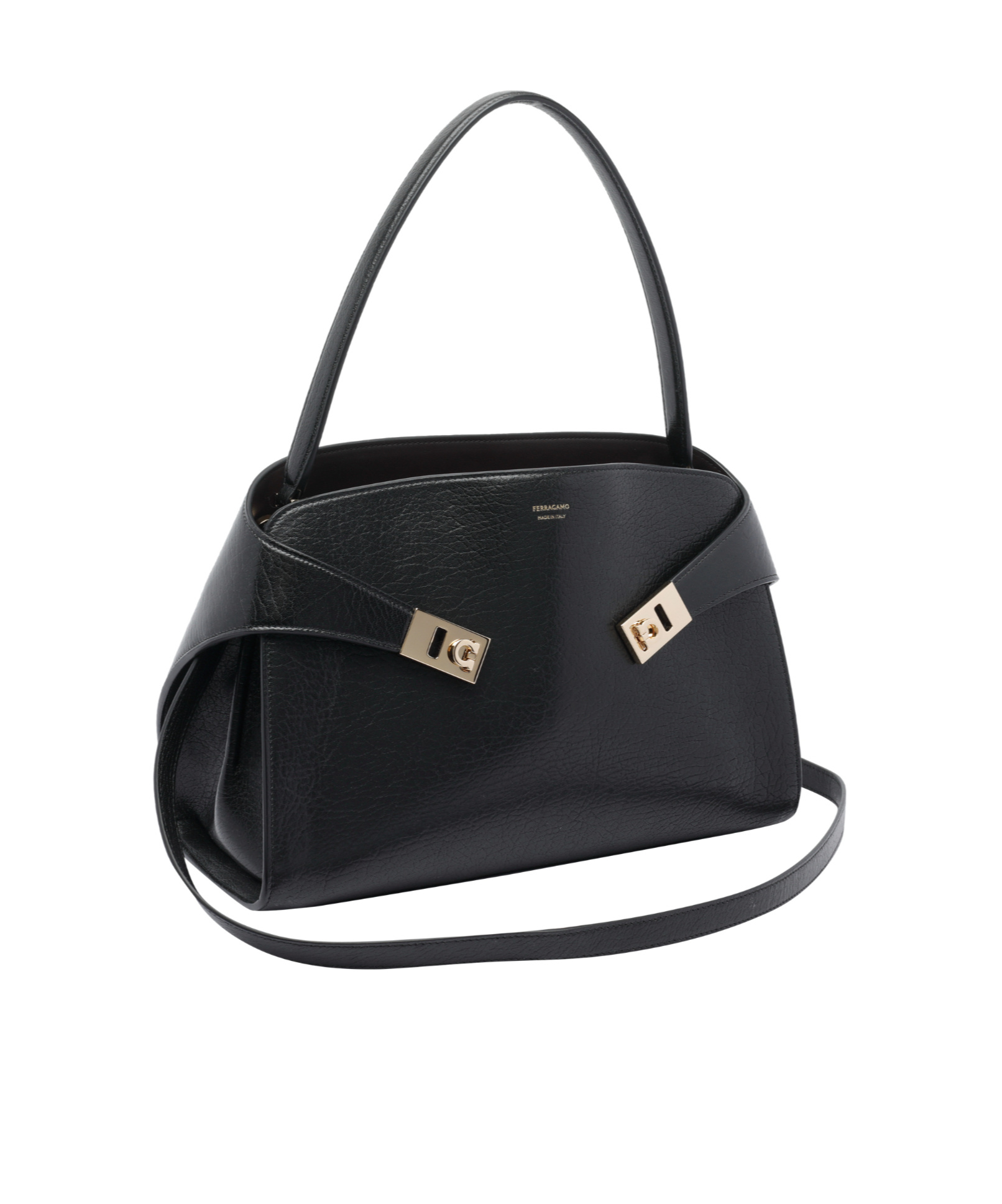 Ferragamo Leather Shoulder Bag Adaptable Strap In Black