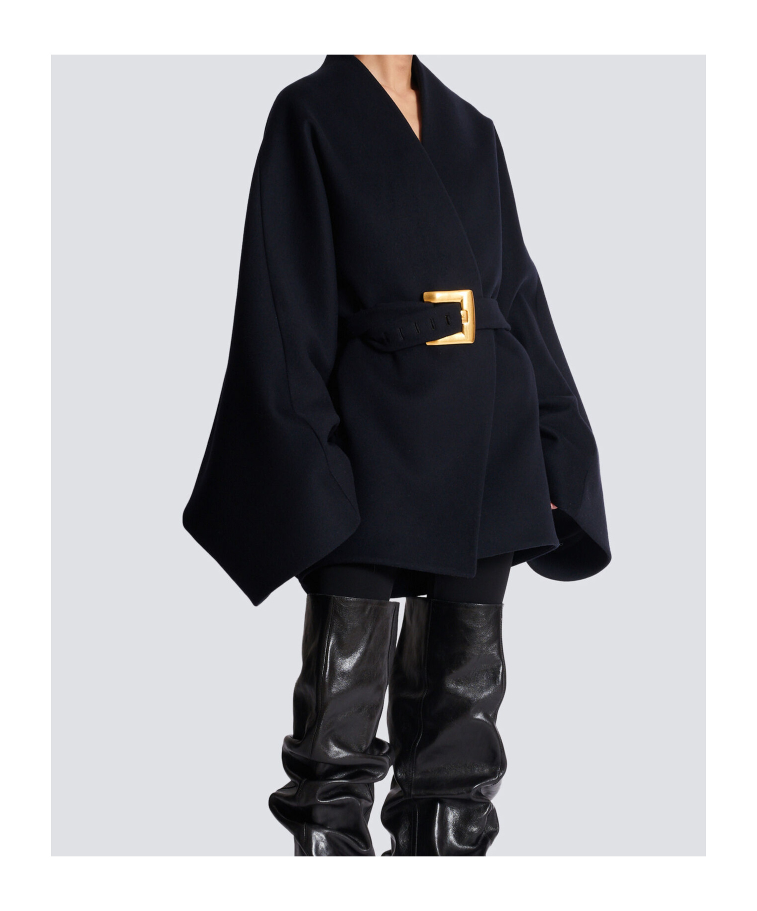 Balmain Short Wool Wrap Coat In Black