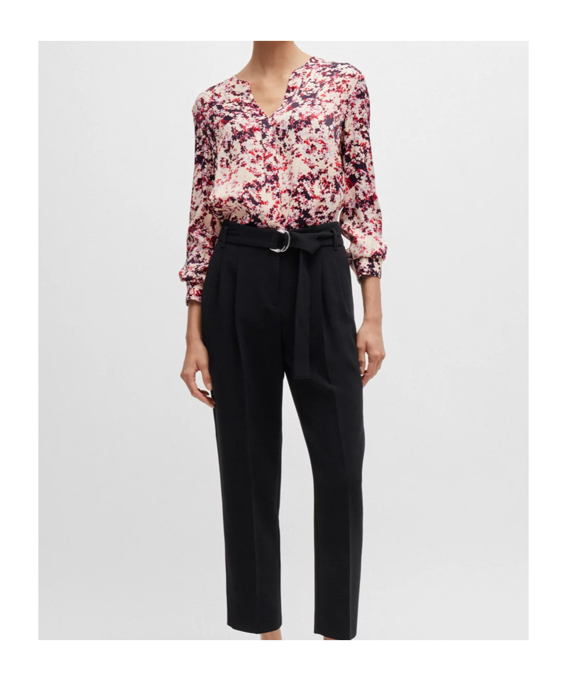 Hugo Boss Floral-print Blouse In Satin With Notch Neckline In Nude