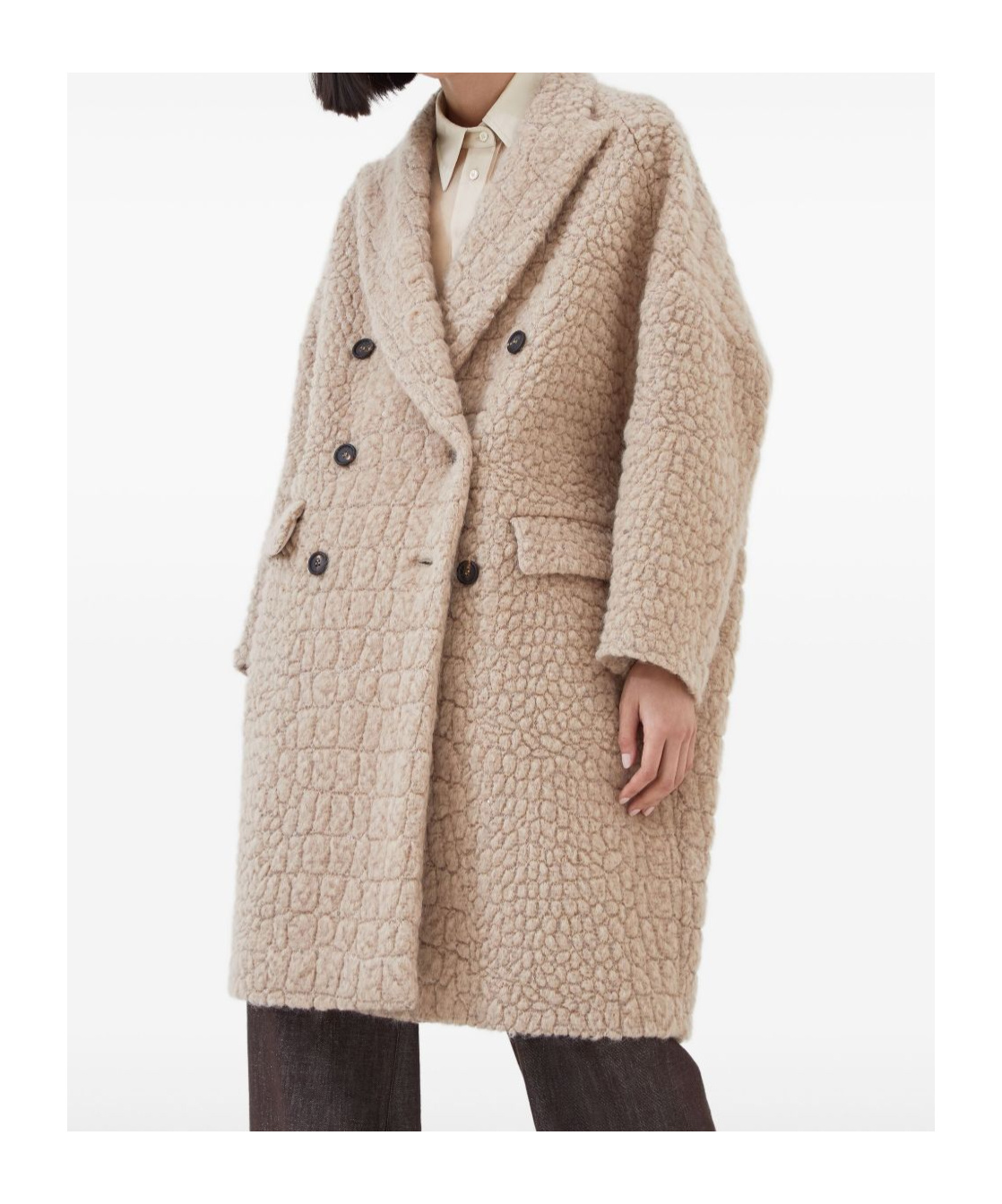 Brunello Cucinelli Boucle Double-breasted Coat Sequin Embellishment In Brown