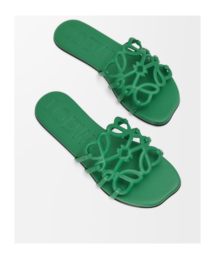 Loewe Petal Anagram Leather Flat Sandals In Green