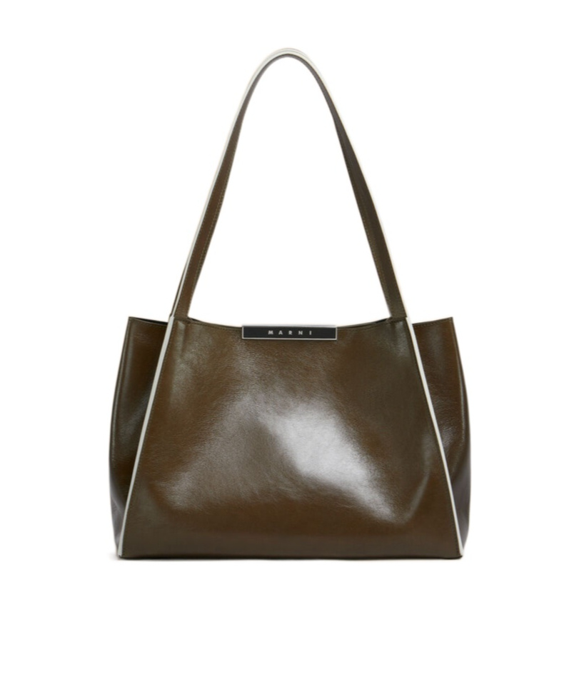 Marni Deep Green Leather Cresta E/w Small Tote Bag In Green