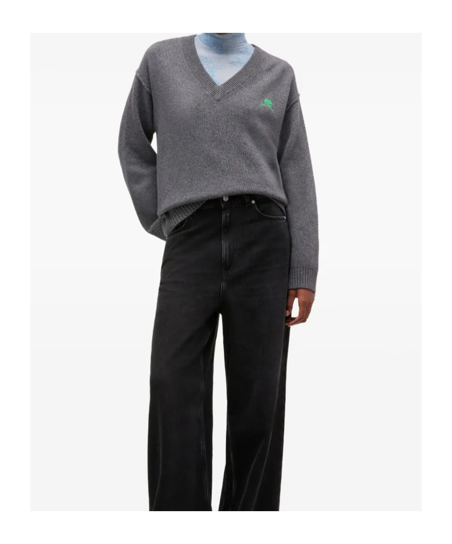 Ganni V-neck Logo Sweater In Gray