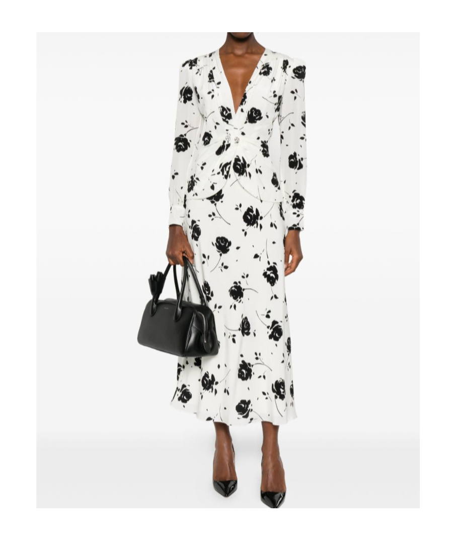 Alessandra Rich Embellished Pleated Floral-print Silk Crepe De Chine Midi Dress In White