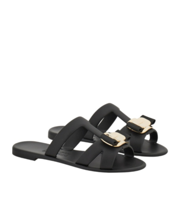 Ferragamo Lilou Vara Plate Flat Slides In Black