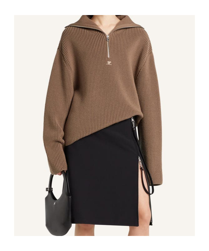 Courrèges Half-zip Ribbed-knit Sweater In Brown