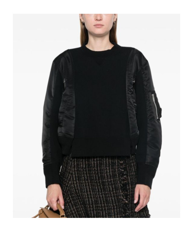 Sacai Crewneck Sweater With Satin Panels And Zip Pocket In Black