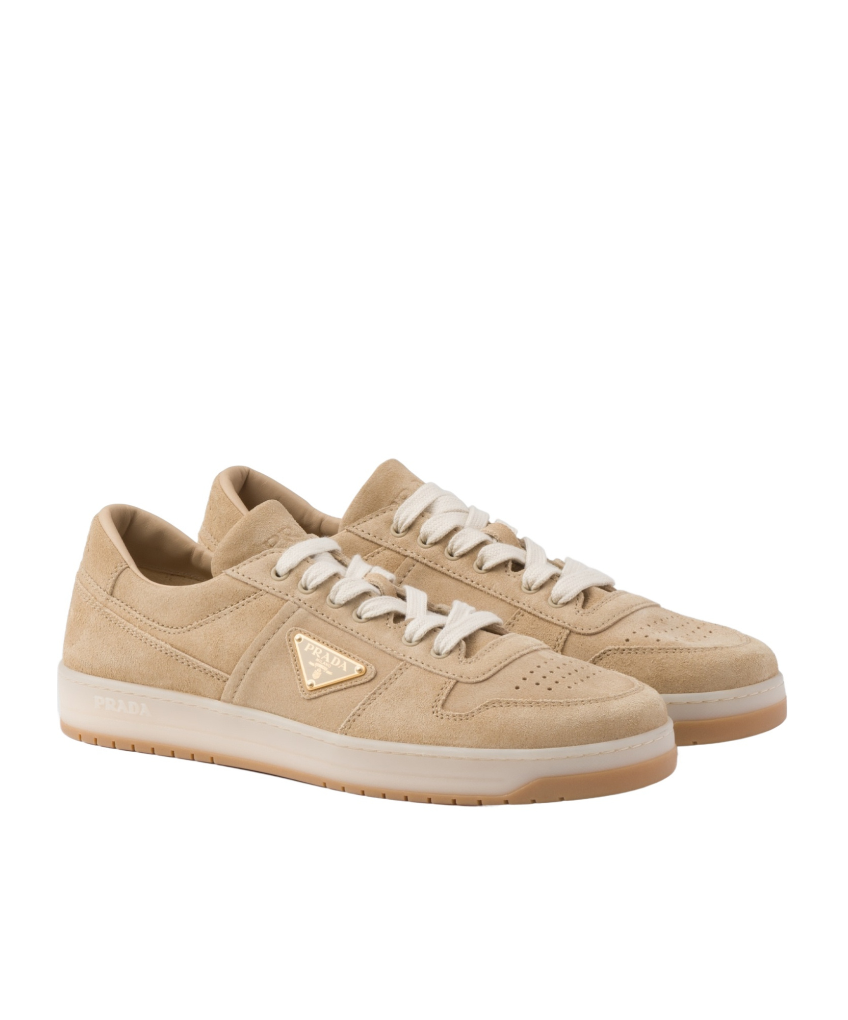 Prada Mens Neutral Downtown Logo-plaque Suede Low-top Trainers Eur 42 / 8 Uk In Brown