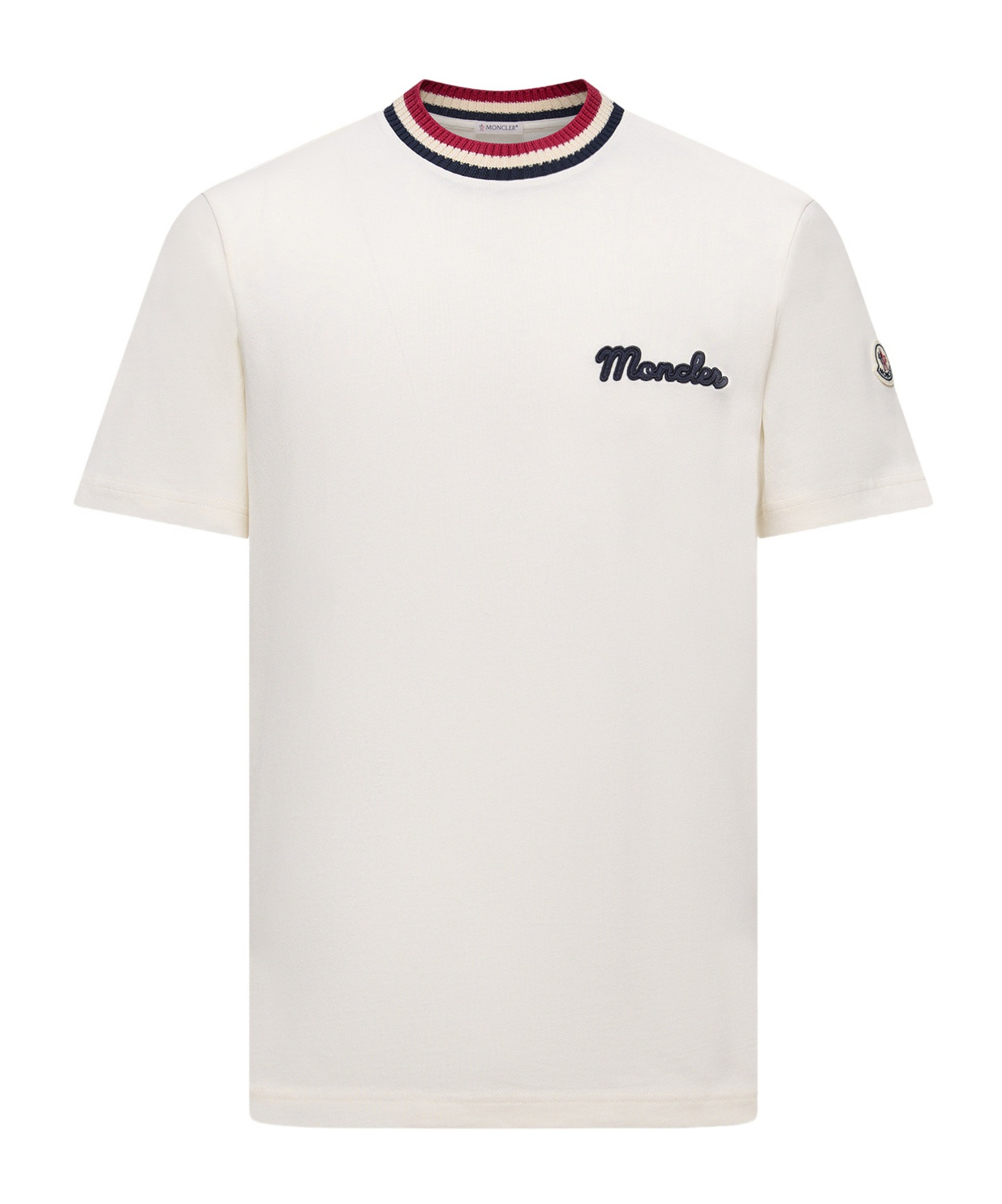Moncler White Cotton T-shirt With A Contrasting Ribbed Striped Collar And Logo In White