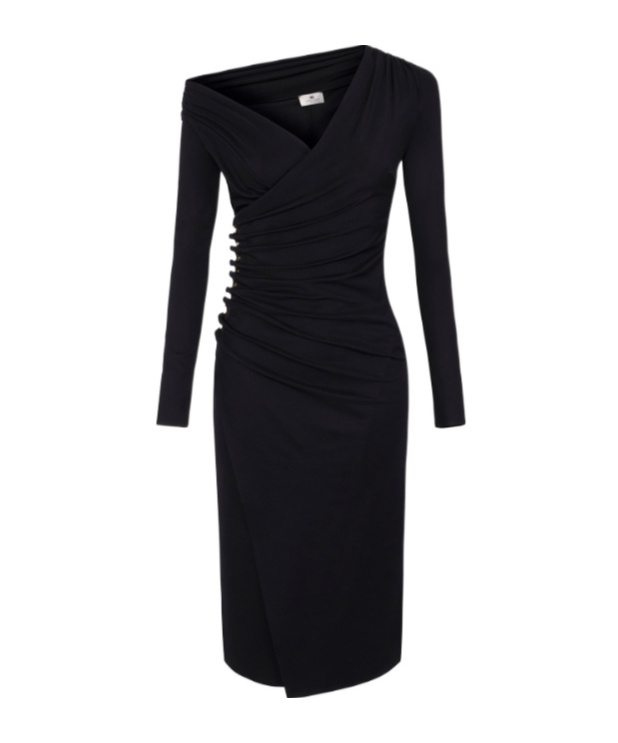 Elisabetta Franchi Midi Dress With Long Sleeves And Vent In Black