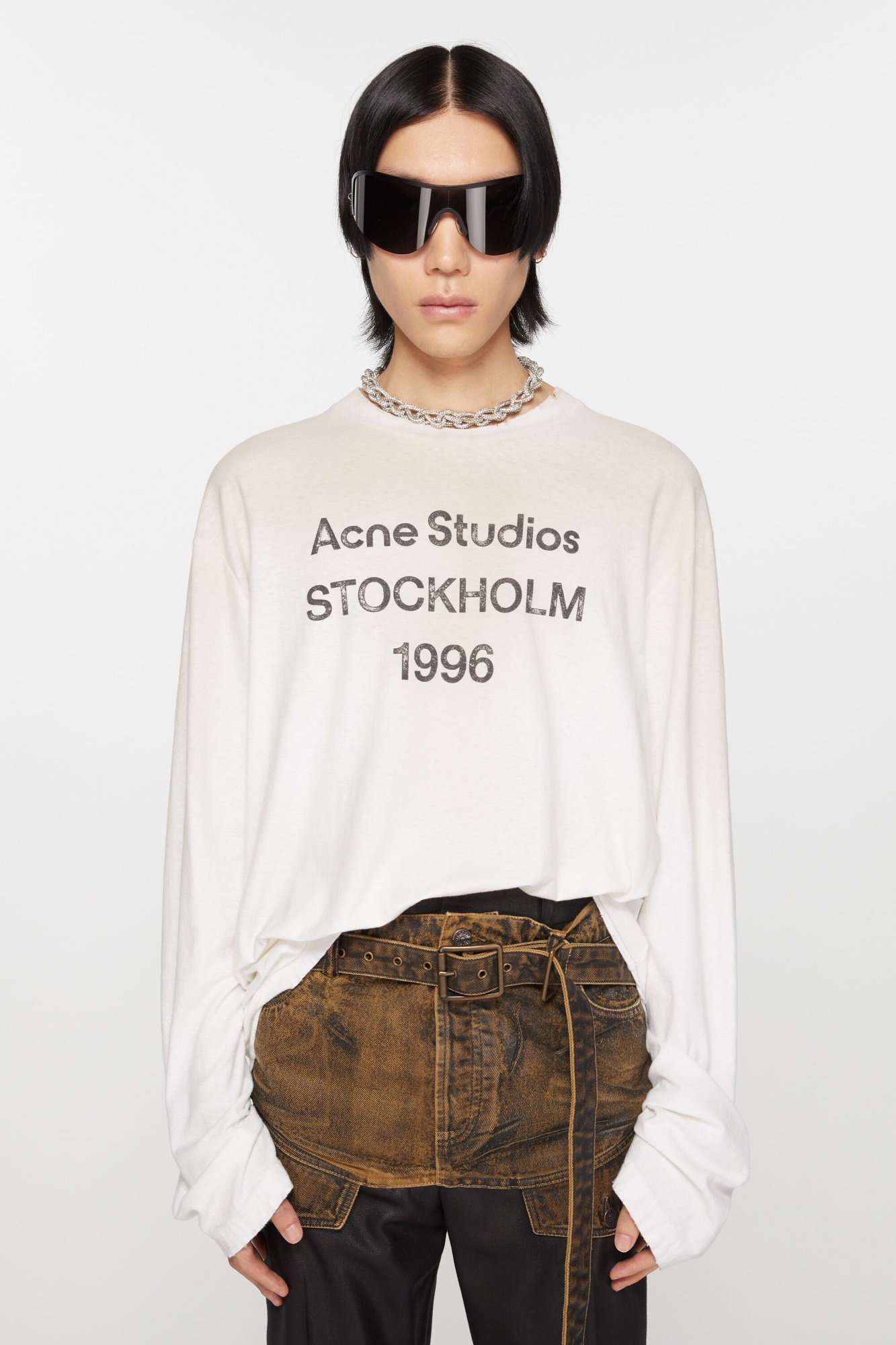 Acne Studios Mens Distressed Long-sleeve Logo T-shirt In White