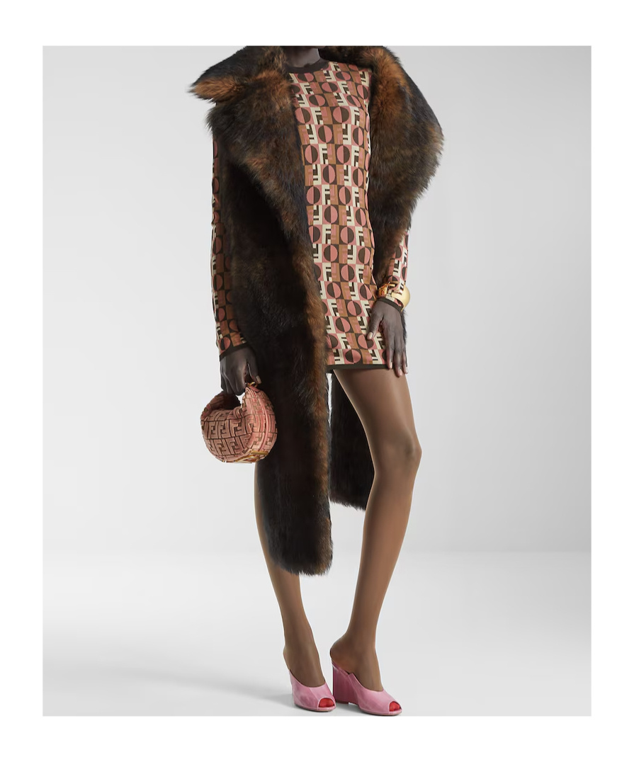 Fendi Shiny Jacquard Viscose Mini Dress With Geometric Pattern In Brown