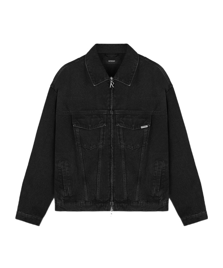 Represent Black Jacket With Classic Collar And Logo Patch On The Pocket In Denim Man In Black