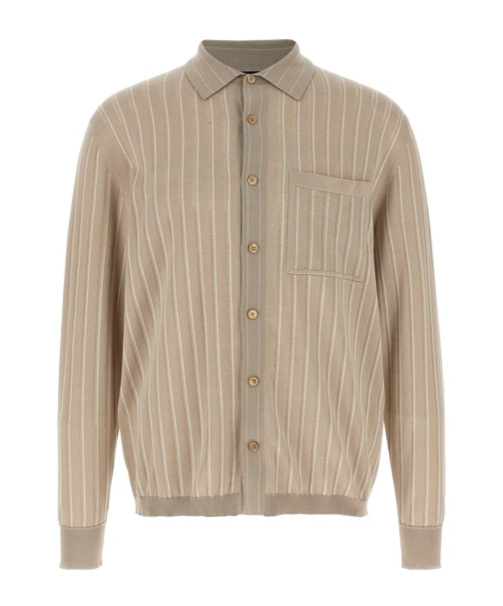 Brioni Knit Shirt With Chest Pocket And Ribbed Finish In Nude