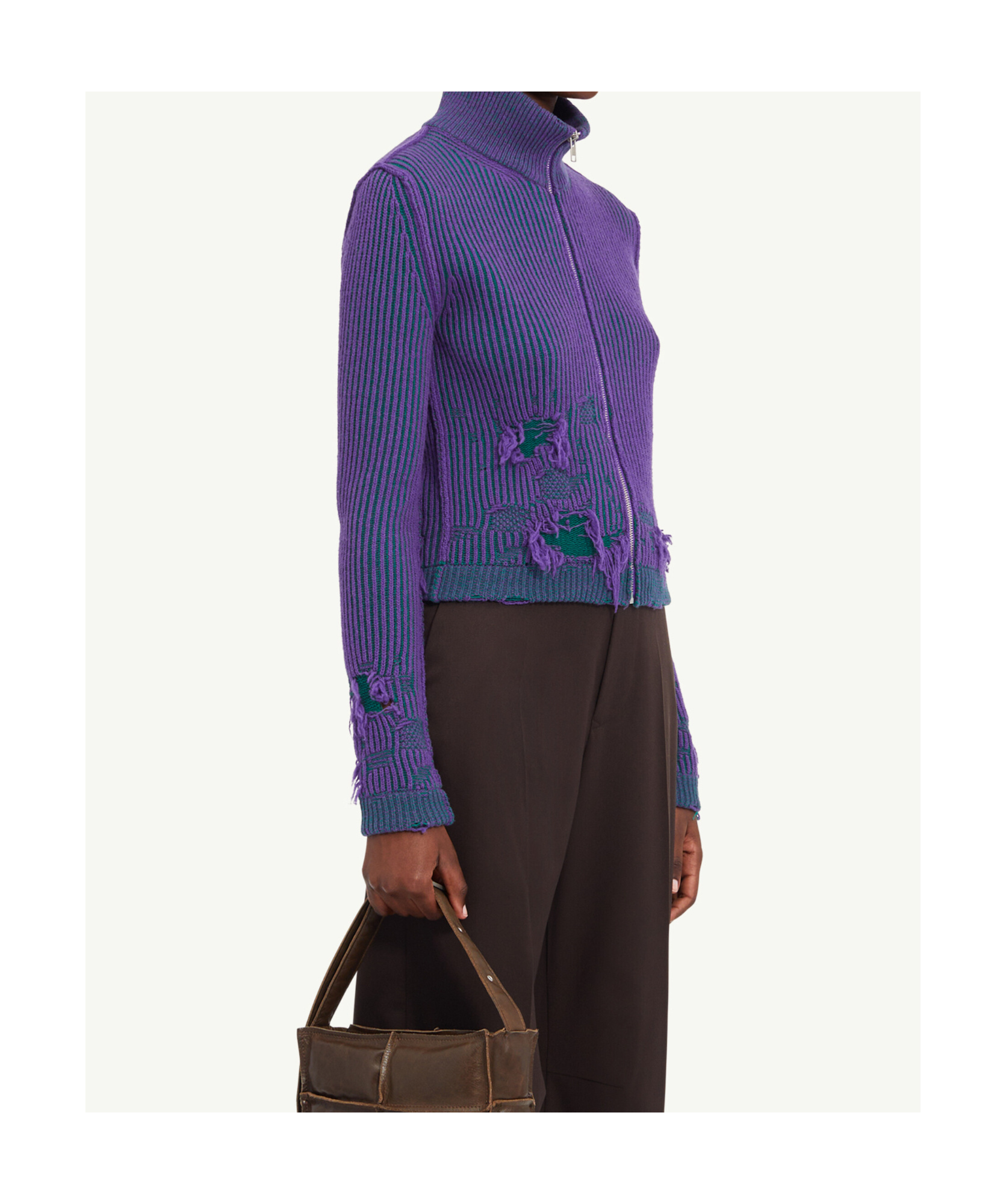 Mm6 Maison Margiela Distressed Rib-knit Zip-front Cardigan In Blue