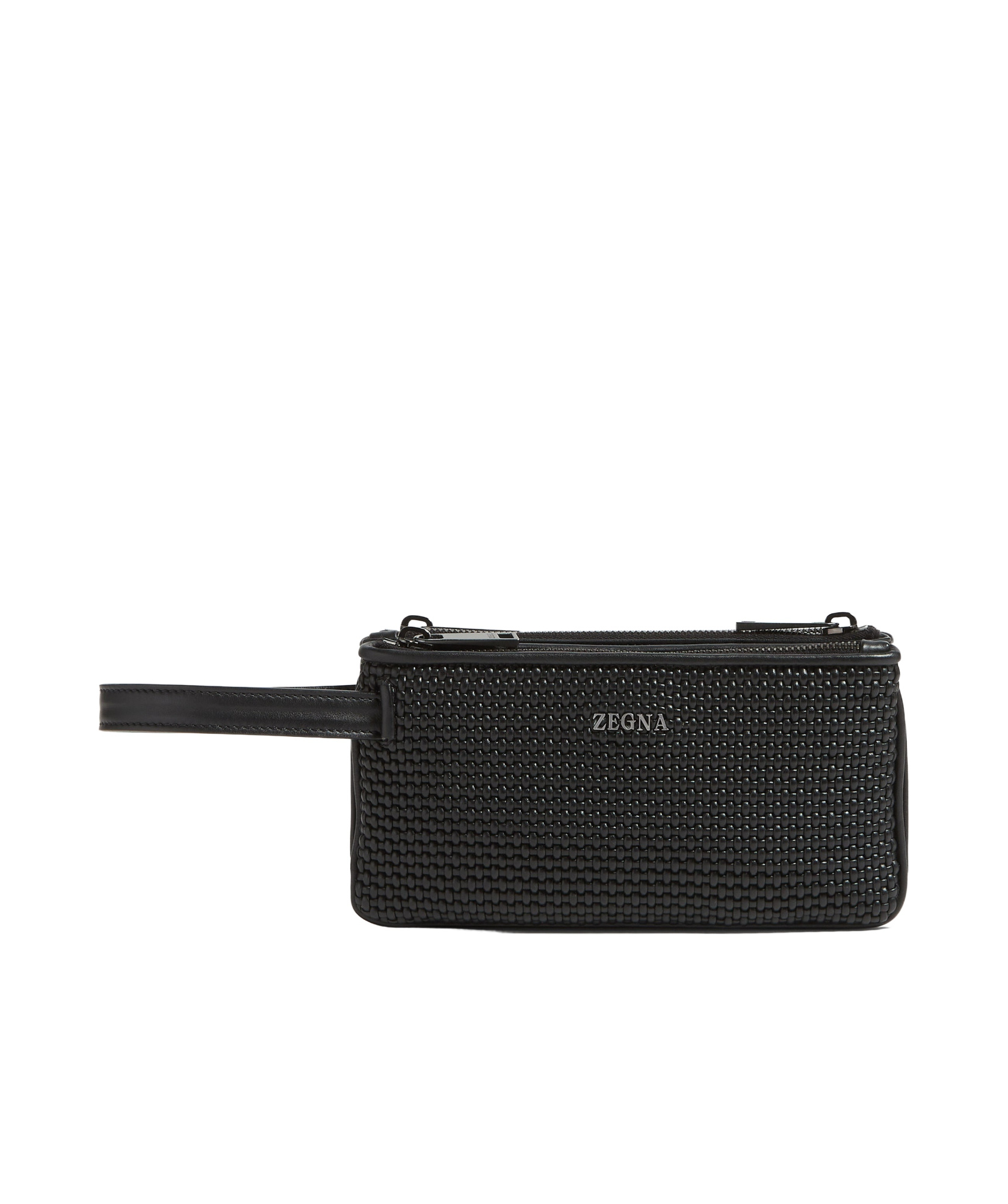 Zegna Pelletessuta Logo Lettering Triple Zip Pouch In Black