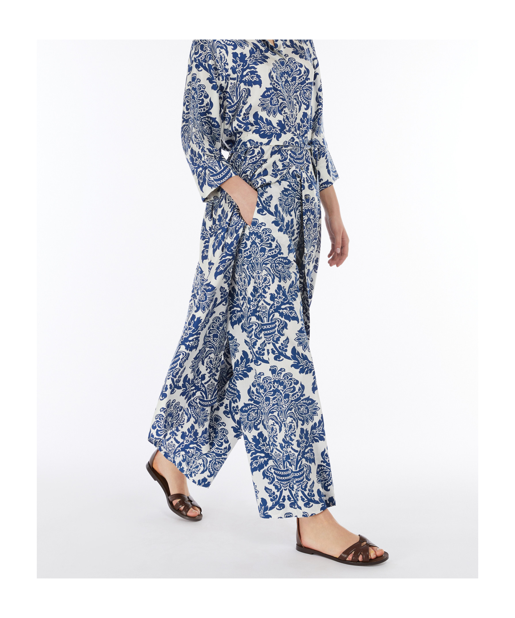 Shop Max Mara Printed Poplin Trousers In Blue