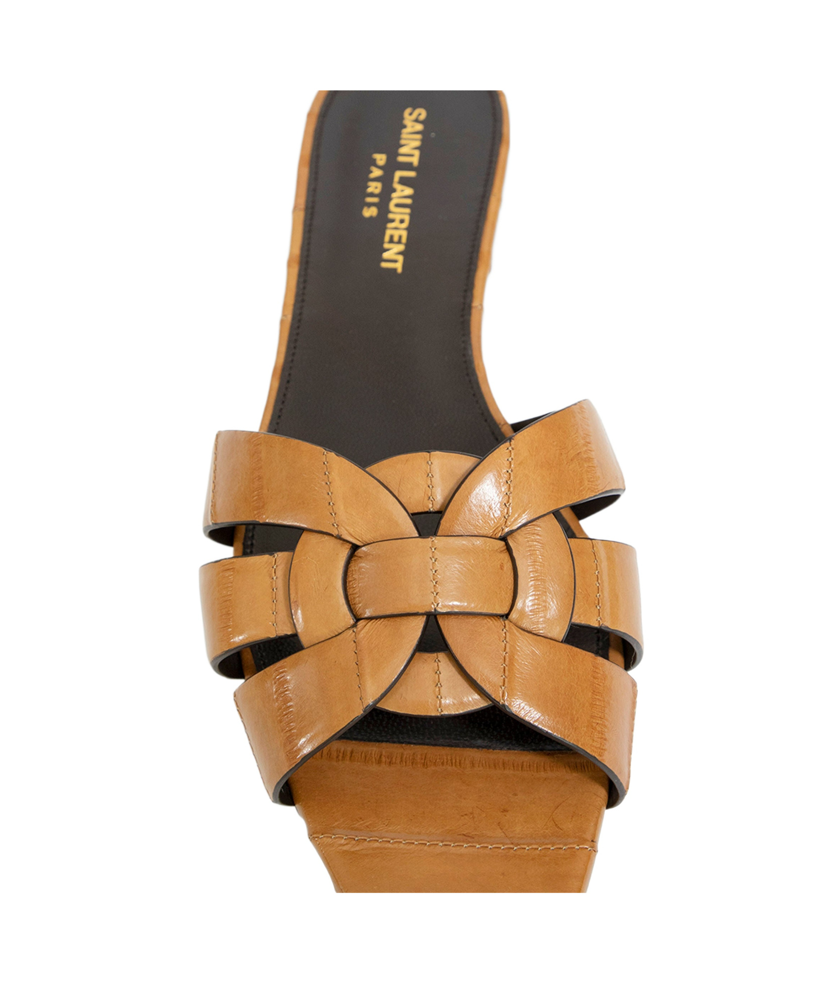 Saint Laurent Tribute Woven Leather Flat Sandals In Brown