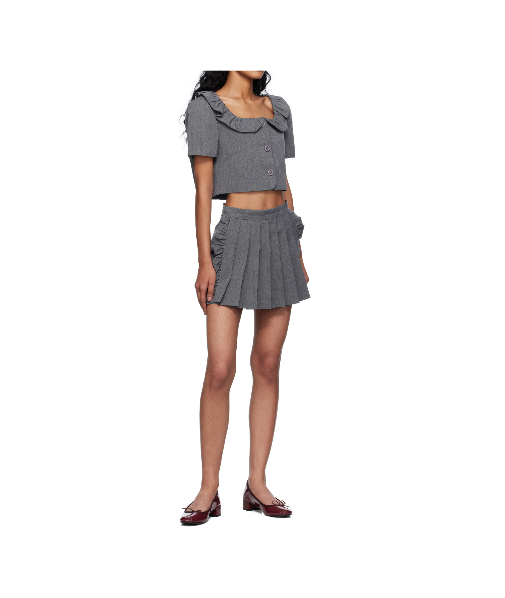 Pushbutton Ruffled Collar Cropped Top In Gray