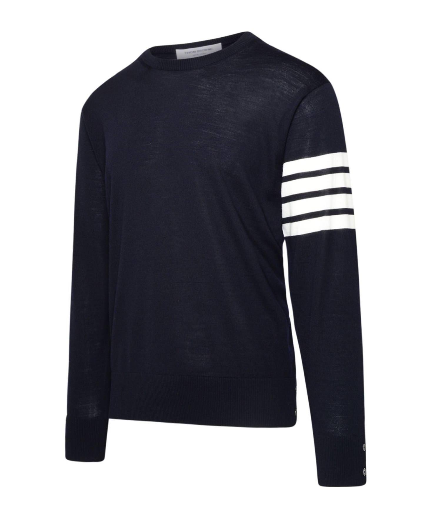 Thom Browne Ribbed Hem Crewneck Striped Sleeve Button Cuffs In Black