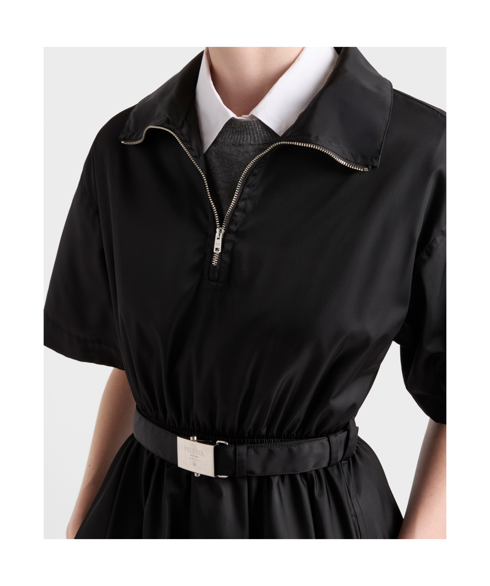 Prada Nylon Dress With Belted Waist And Flared Skirt In Black