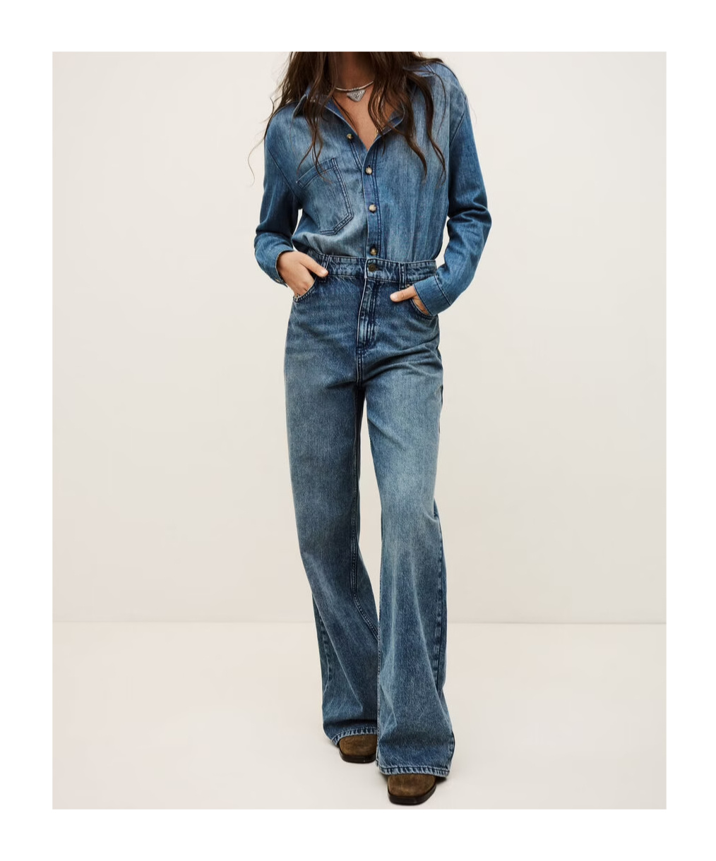Bash Long-sleeved Denim Jumpsuit In Blue