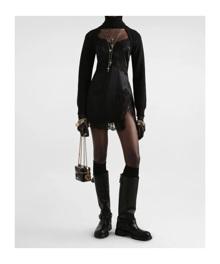 Dolce & Gabbana Stretch Satin Dress With Lace Details In Black