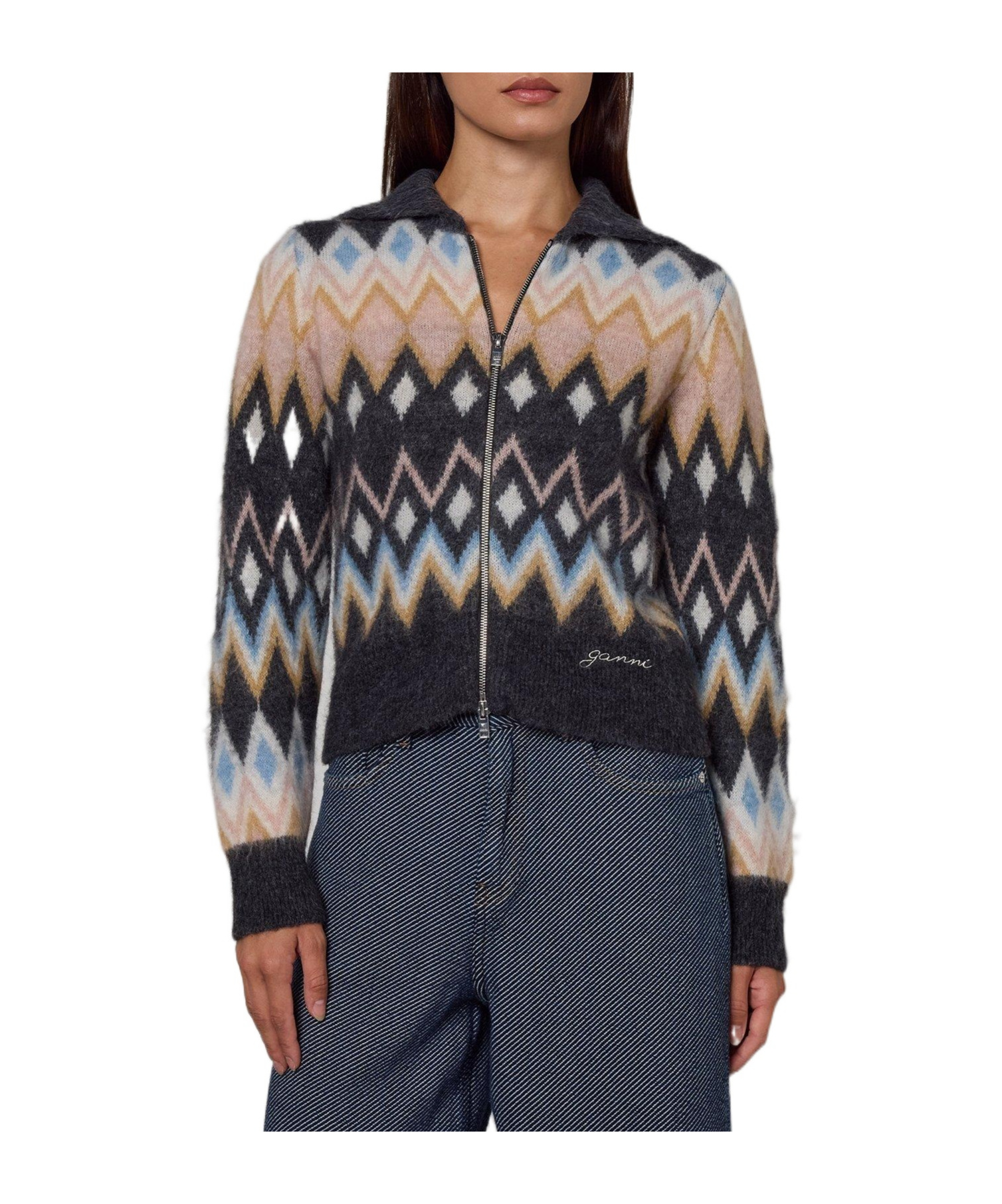 Ganni Ip-up Knit Jacket In Black