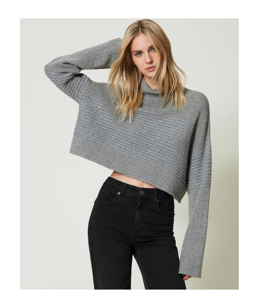 Shop Twinset Sequined-stripes Roll-neck Jumper In Gray