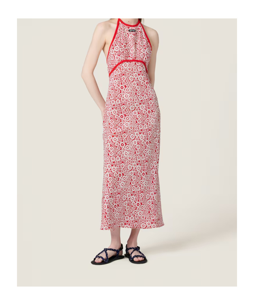 Miu Miu Long Floral Print Crepe De Chine Dress In Red